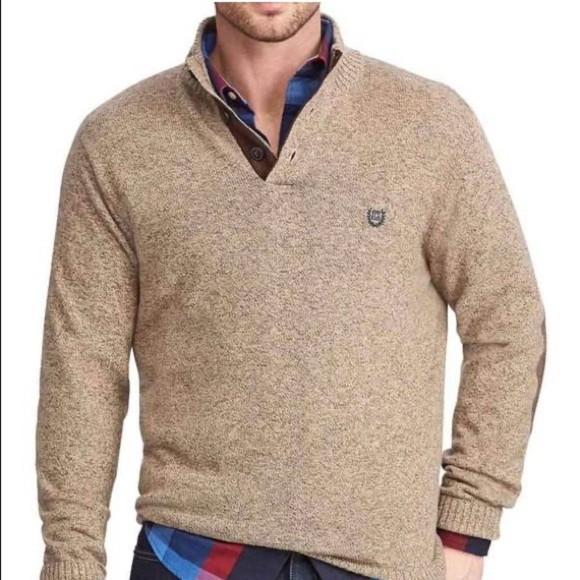 Chaps Other - Chaps Tan Knit Sweater Size L Tan Mock Neck Pullover Elbow Patch Button Front